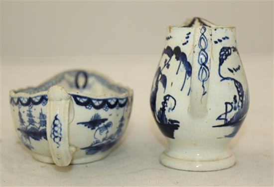 A Bow blue and white sauceboat, c.1753 and an English porcelain blue and white cream jug, late 18th century, height 8.7cm